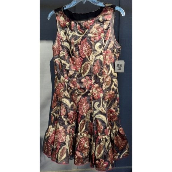 ANNA SUI Dress Metallic Floral Brocade Luxe Metallic Bronze Mini Ruffle Fall 17 - Picture 8 of 11